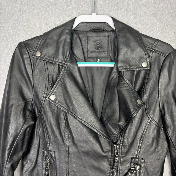 Max Studio Faux Leather Jacket Womens Small Black Moto Biker Zippers Vegan Rock - Picture 3 of 12